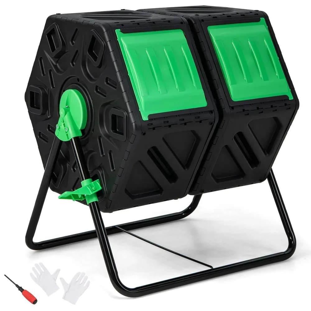 

Компостный контейнер с двумя камерами, 34,5 галлонов, с 2 вращающимися секциями, раздвижными дверцами, большой емкости, для улицы, на заказ