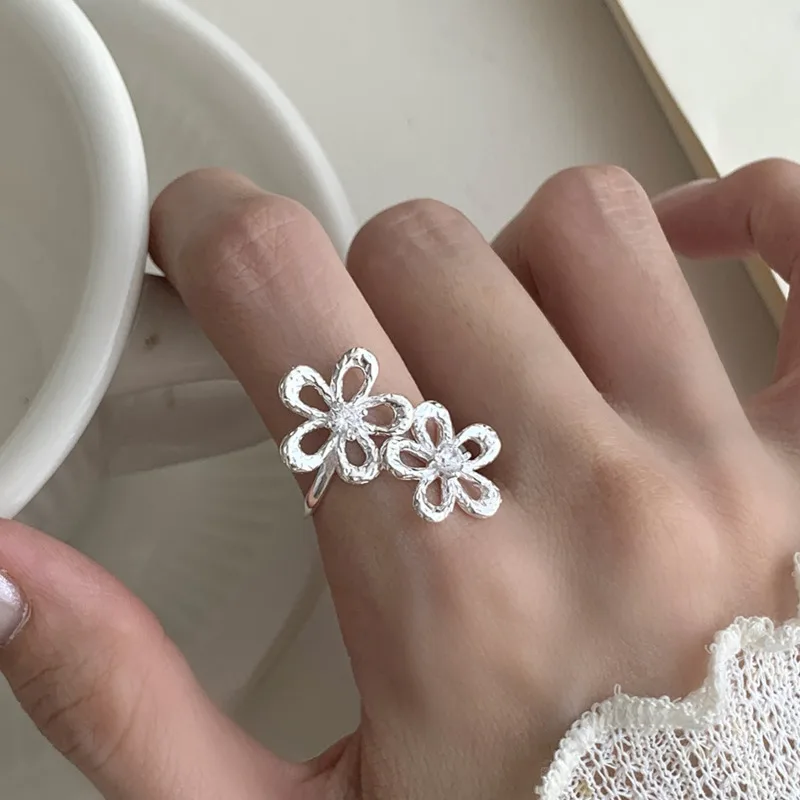 925 Sterling Silver Big Duo Flower Statement Rings For Women Girl Cubic Zirconia Unique Trendy Delicate Open Ring Party Gift