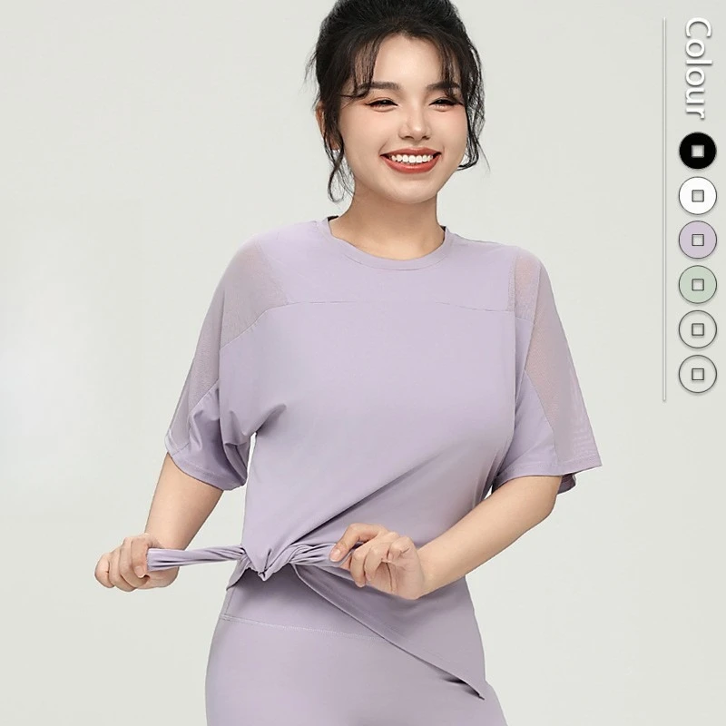 

Fashion Casual Thin Sweatshirt Women Large Size Round Neck Fitness Top Running Quick Dry Loose Yoga Short Sleeve