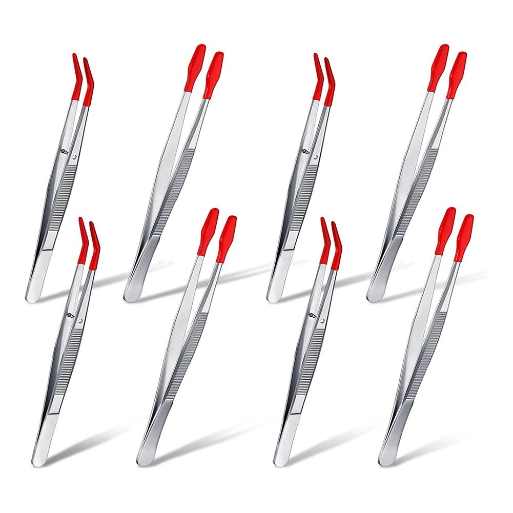 8 Pieces Tweezers with Rubber PVC Silicone Coated Non Marring Flat Tip Bent Tipped Tweezers for Jewelry Industrial Craft