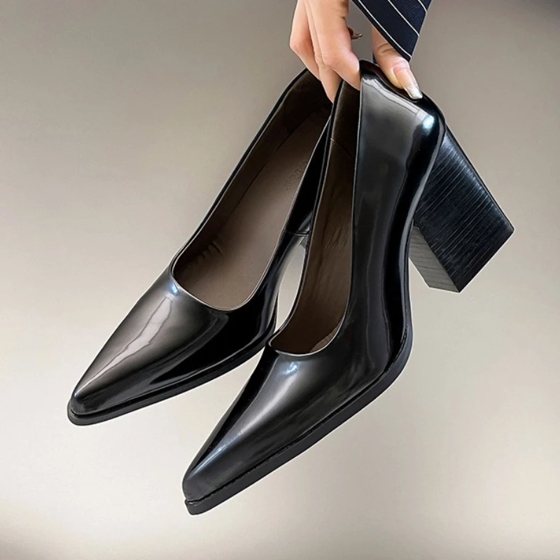 

Luxury Patent Leather Chunky Heel Designer Pumps Women Sexy Pointed Toe Shallow Elegant High Heels Comfort Office Formal Shoes