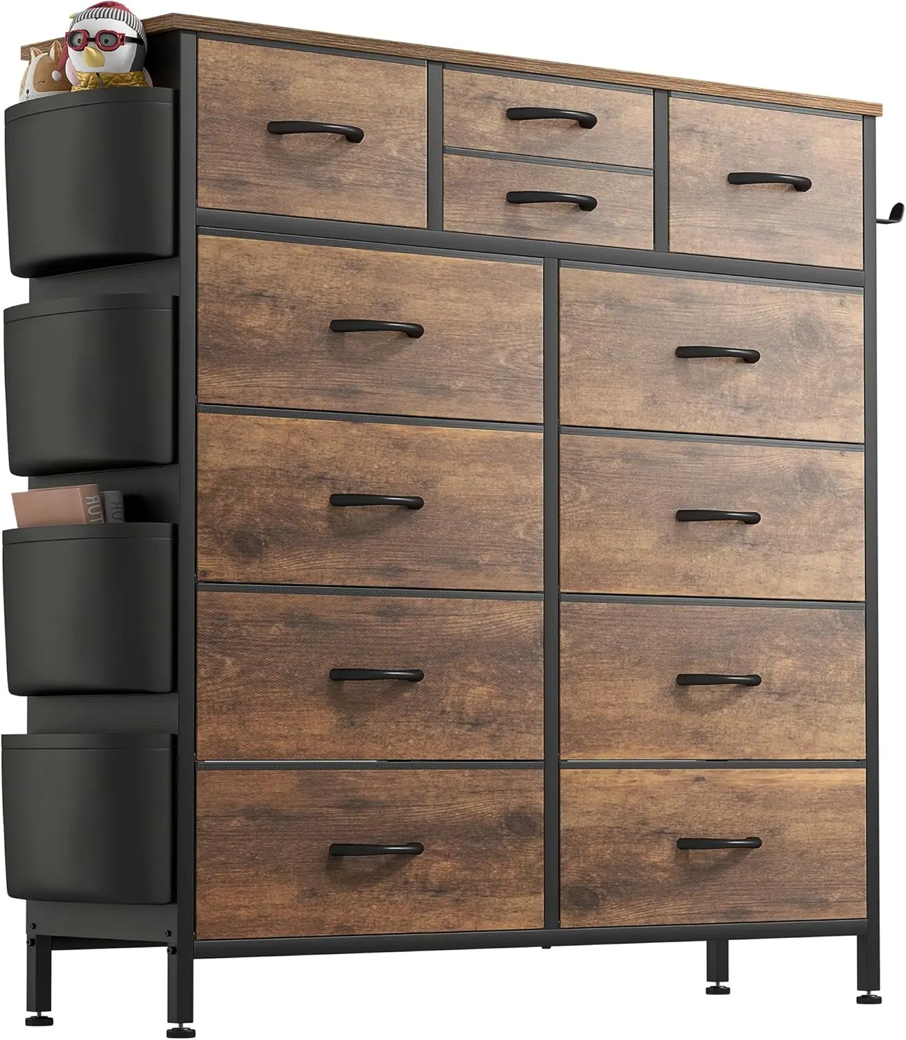 Dresser for Bedroom with 12 Drawers, Tall Dresser Chest of Drawers with Side Pockets and Hooks, Fabric Dresser Storage