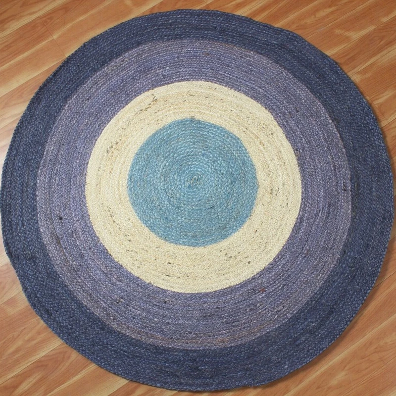 

6x6ft Rugs Natural Jute Carpet Handloom Braided Style Doormat Modern Home Living Room Decoration Rustic Blue Gradient Round Rug