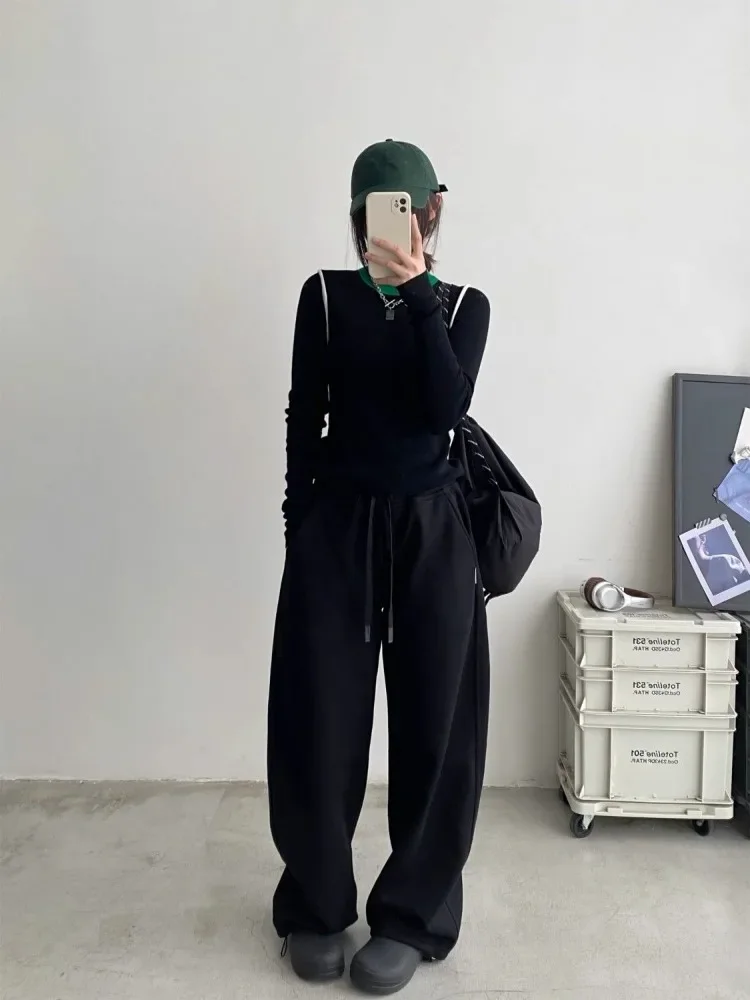 HOUZHOU Vintage czarne workowate spodnie dresowe do joggingu ciepła kobieta koreańskie grube spodnie sportowe Harajuku Streetwear spodnie jesienno-zimowa