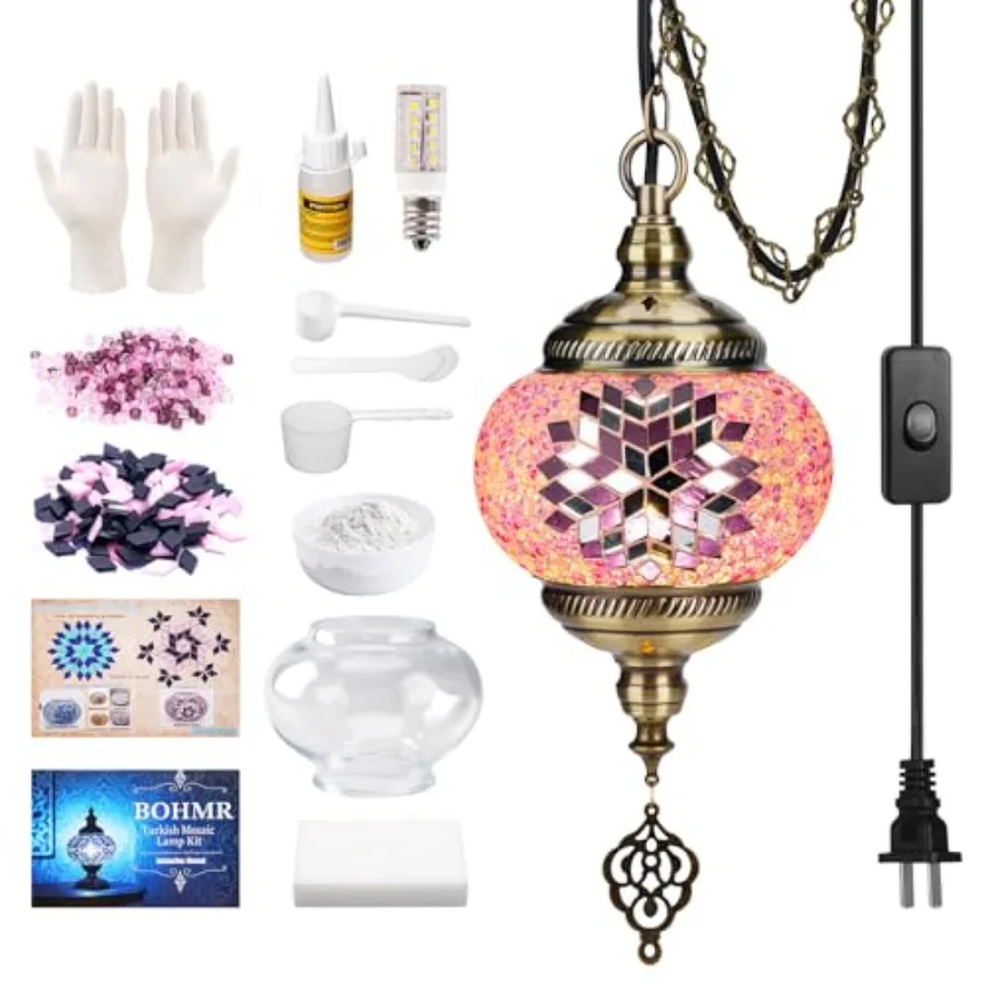 

DIY Turkish Mosaic Lamp Kit 5.2"D Plug-in Stained Glass Pendant Hanging Lamp Making Kit with 15Feet Cord-No Skills Needed Mosai