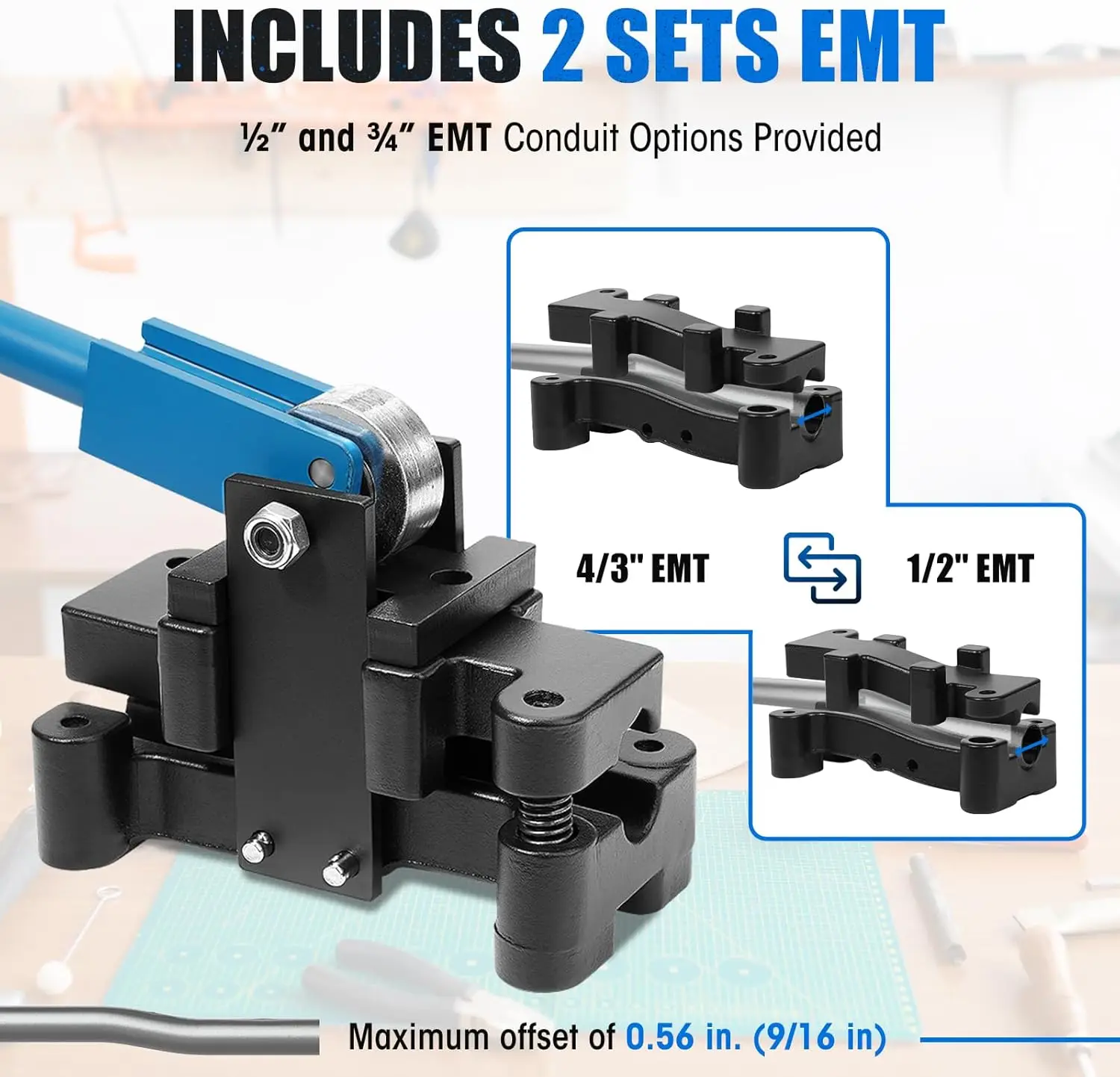 Cintreuse de décalage de conduit pour touristes, 2 en 1, EMT à la fois ½ "et 3/4", assurant la fierté et l'efficacité électrique, Bleu