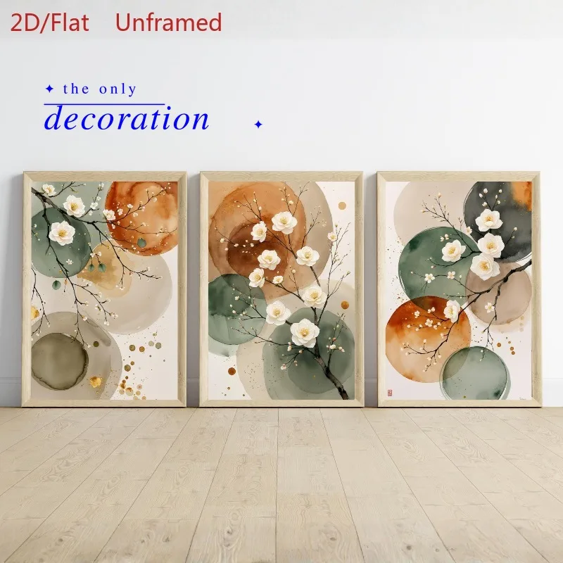 2D Flat, Set of 3 Japandi Modern Minimalist Sage Green Terracotta Magnolia Botanical Wall Art Prints - Scandinavian Suitable