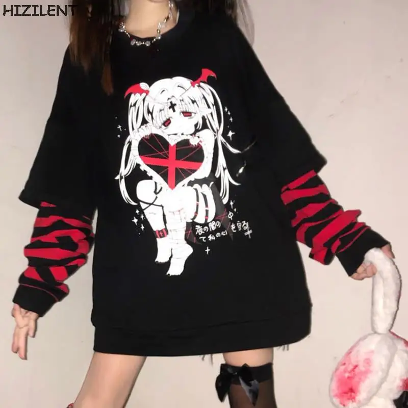 Summer Kawaii  Goth Black Anime Graphic Oversized T Shirt Top Women T-shirt Loose Short Sleeve T Shirt Femme Grunge Y2K Clothes