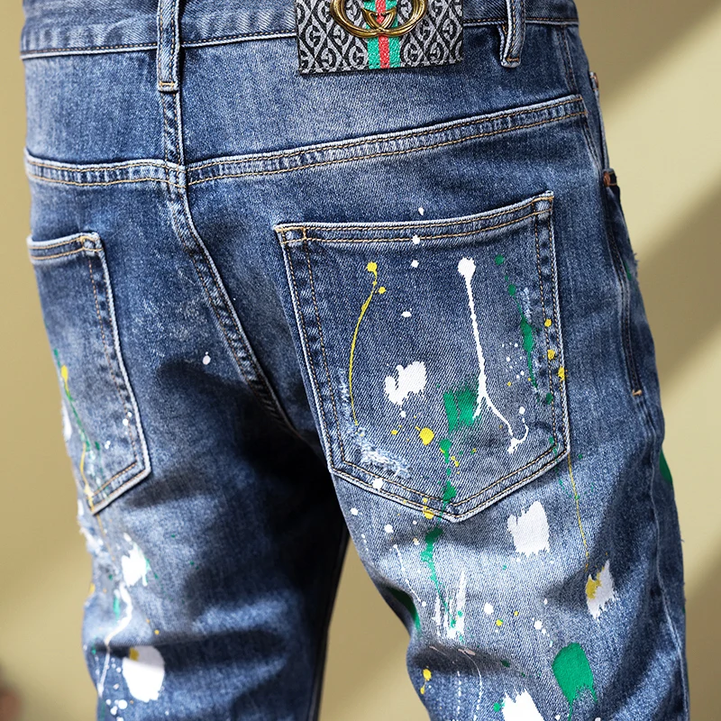 High Street Fashion Men Jeans Retro Blue Painted Designer Elastic Skinny Ripped Jeans Men Stretch Trousers Hip Hop Pants Hombre