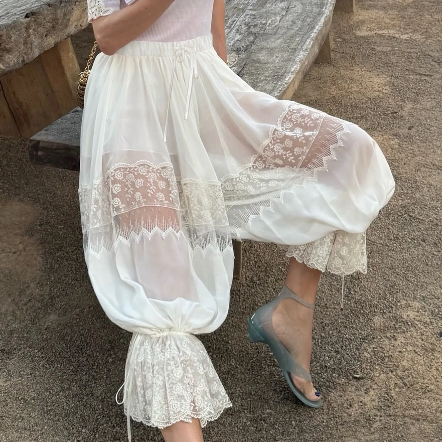 

Винтажные женские длинные кружевные шаровары, повседневные свободные стильные однотонные кружевные укороченные брюки со средней посадкой и цветочным принтом на шнурке
