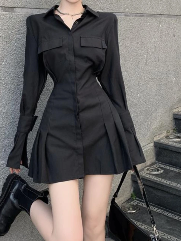 HOUZHOU abito camicia nera donna eleganti abiti Vintage a maniche lunghe Sexy gotico pieghettato Streetwear colletto rovesciato abito Casual