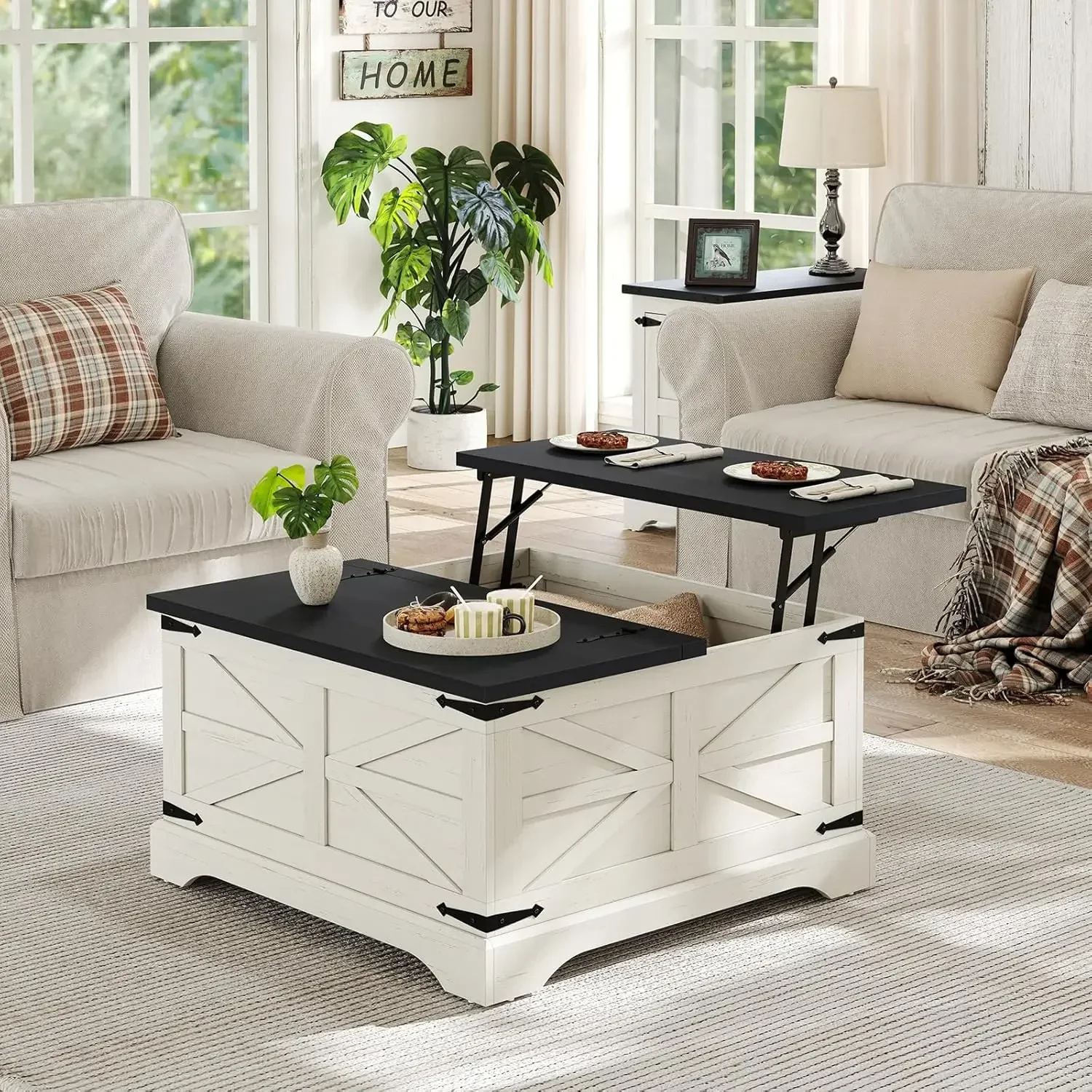 Farmhouse Lift Top Coffee Table, โต๊ะกลางไม้สี่เหลี่ยมพร้อมช่องเก็บของซ่อนขนาดใหญ่สําหรับห้องนั่งเล่น