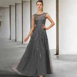 Elegant Grey Mother Of The Bride Dresses For Weddings Party 2023 Beading O-Neck Guest  Dress Plus Size Vestidos