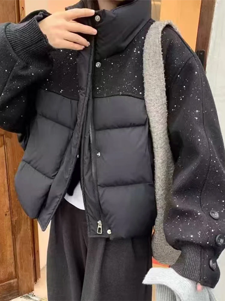 

Теплая хлопковая куртка свободного кроя с воротником-стойкой и пайетками, зимняя верхняя одежда для женщин