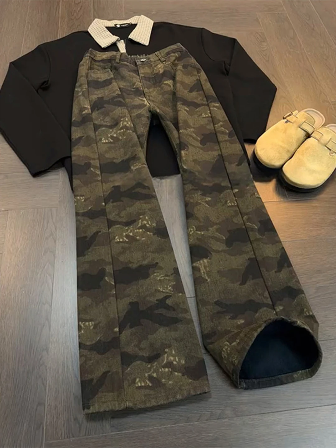 

Vintage American Camouflage Jeans Men's Spring Trendy Brand Washed Retro Workwear Straight Leg Micro Flare Pants