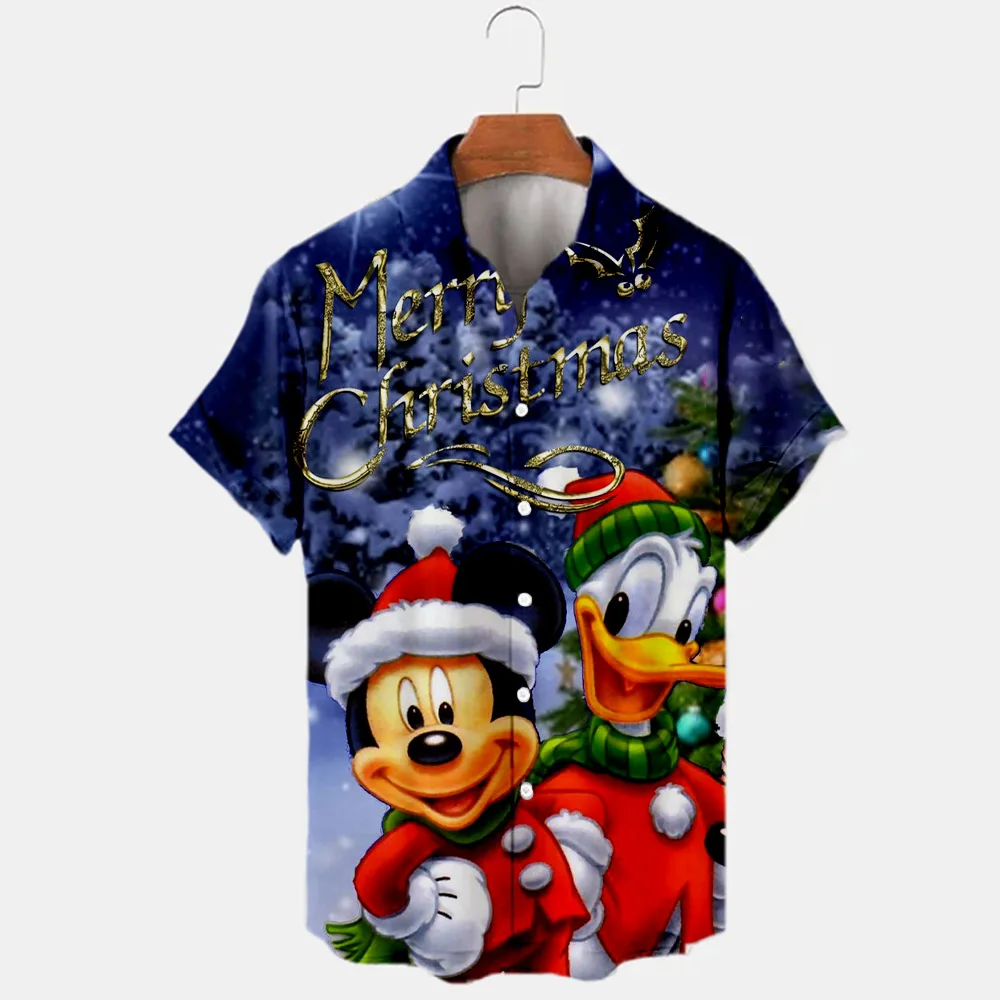 New Christmas Donald Duck Stitch and Mickey Cartoon 3D Printed Men's Lapel Short Sleeve Shirt 2024 Harajuku Style Slim Fit Top