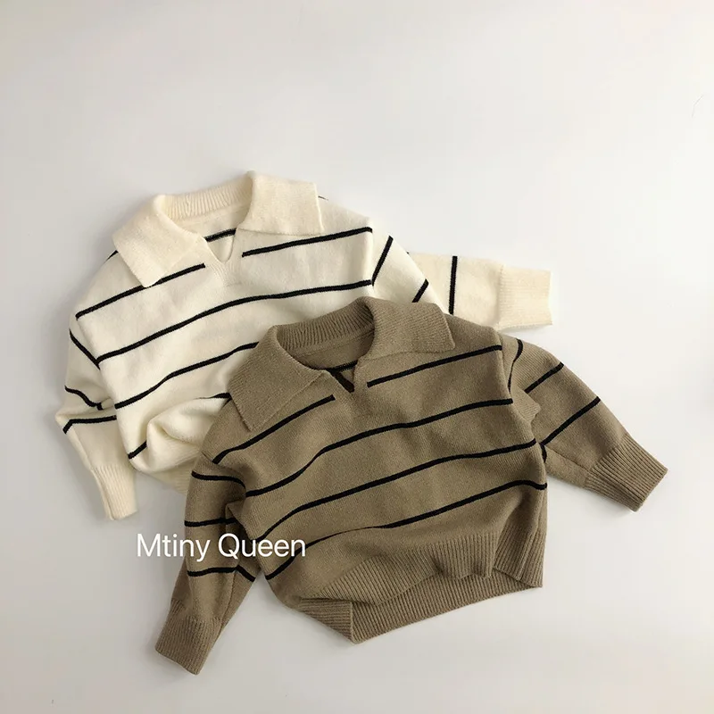 

Korean Spring and Autumn Fashion Big Collar Striped Casual All-match Simple Knitted Undershirt Kids Clothes