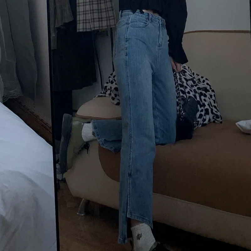 

Джинсы женские однотонные с боковым разрезом дизайн студенческие корейский стиль универсальные повседневные джинсовые до щиколотки весенние новые популярные джинсы женские