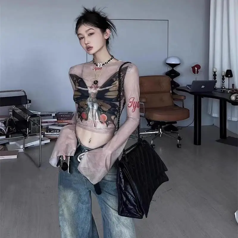 Gothic Butterfly Print Tulle T-shirt Long-sleeved Y2K Women Graphic Tees Crop Tops Streetwear Slim Tops Aesthetic Vintage Tshirt