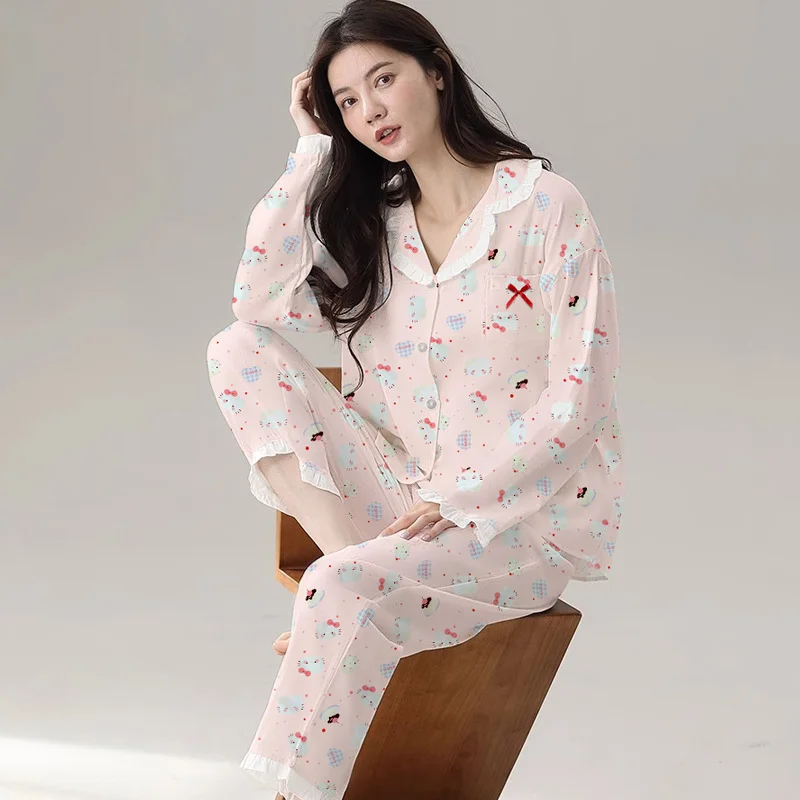 Sanrio Hello Kitty cartoon print spring and autumn lapel cardigan long sleeve pink pajamas women's imitation cotton loungewear