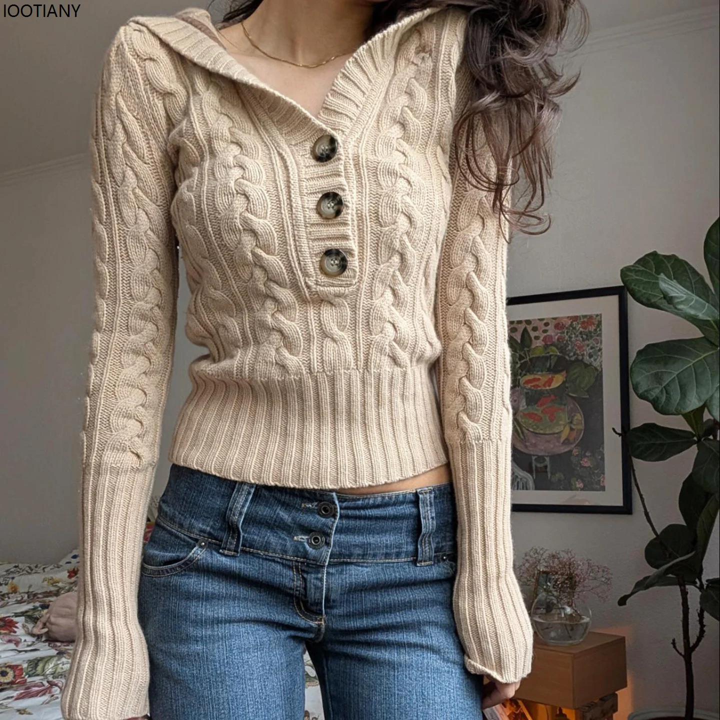 

Casual And Relaxed Three-button Hooded Jumper For Women Thickened Knit Cable-knit Vintage Waist-cinching Slimming Cardigan 2026