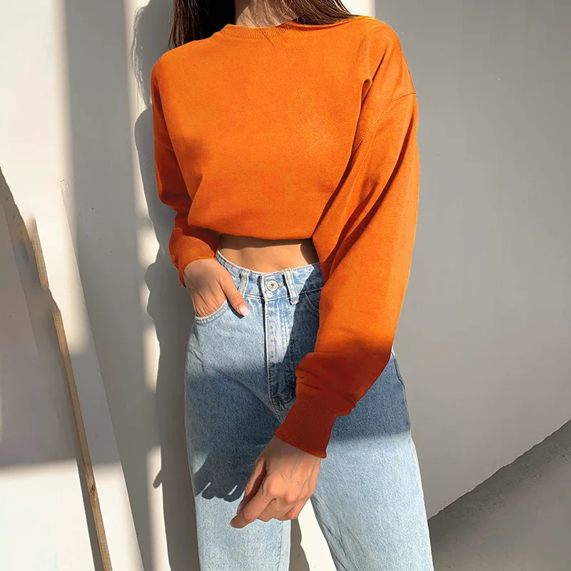 2024 Women's Sweatshirts Crewneck Raglan Sleeve Pullovers Casual Exposed Navel Short Tops Oversized Female's Tops Solid Coat