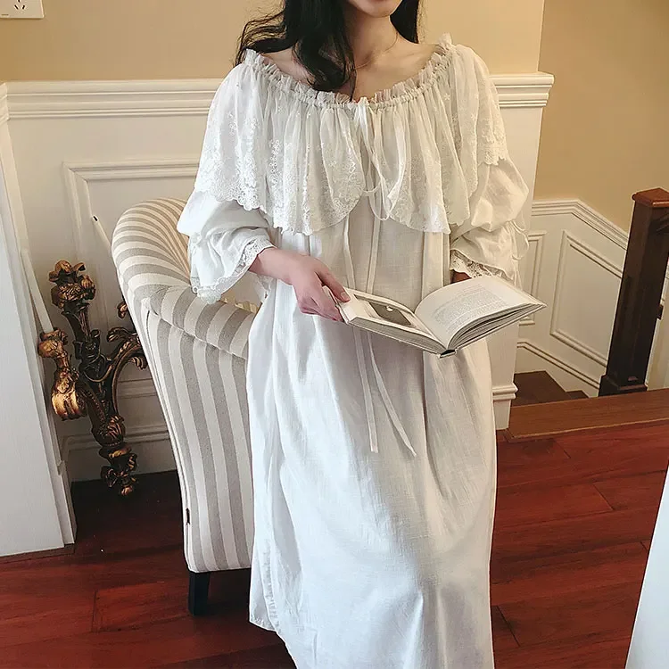 Women's Lolita Princess Sleepshirts Vintage Palace Style Dress Wide Lace Nightgowns.Cotton Victorian Nightdress Sleep Loungewear