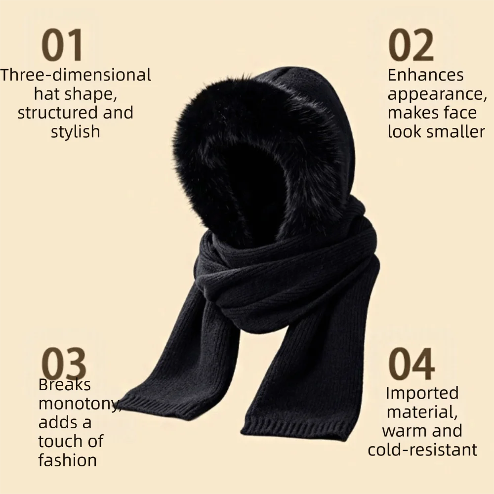 Niedliche Wollmischung Strickmütze Balaclava Mütze mit Kapuze und Schal Warme Einfarbige Mütze und Schal 2-in-1 Winter/Herbst – Detail 8