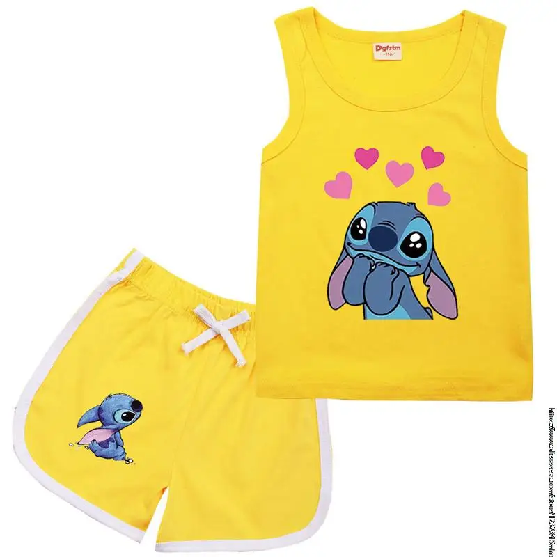 Disney Stitch Sport Kleding Pak Kinderen Fashion Leisure Mouwloze Meisjes Vest + T-shirt 2 Stuks Sets Kids Lente Zomer Dragen