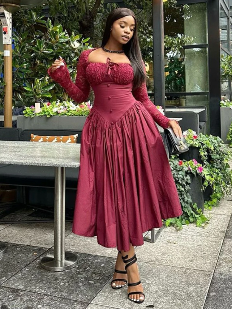 Elegant Lace Perspective Dress Style Square Neck Long Sleeve Waist Wrapped Solid Color Dress Bodycon Wedding Party Women\'s Wear