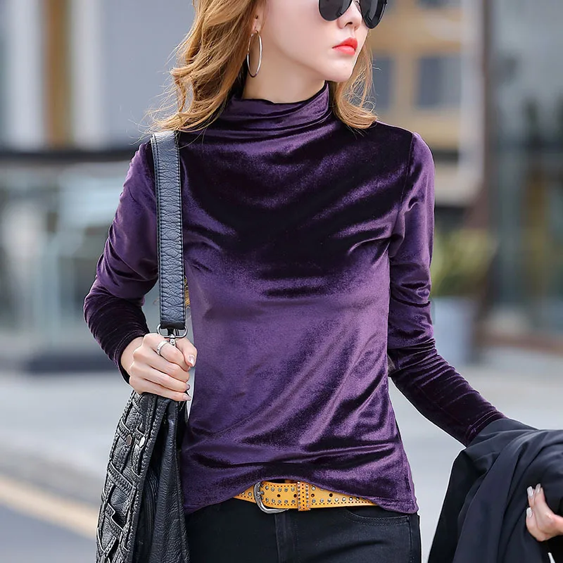 HI-FASHION Winter Warm Turtleneck Long Sleeve Velvet Shirt High Collar Slim Elegant Luxury Velour Blouse Spring Tops