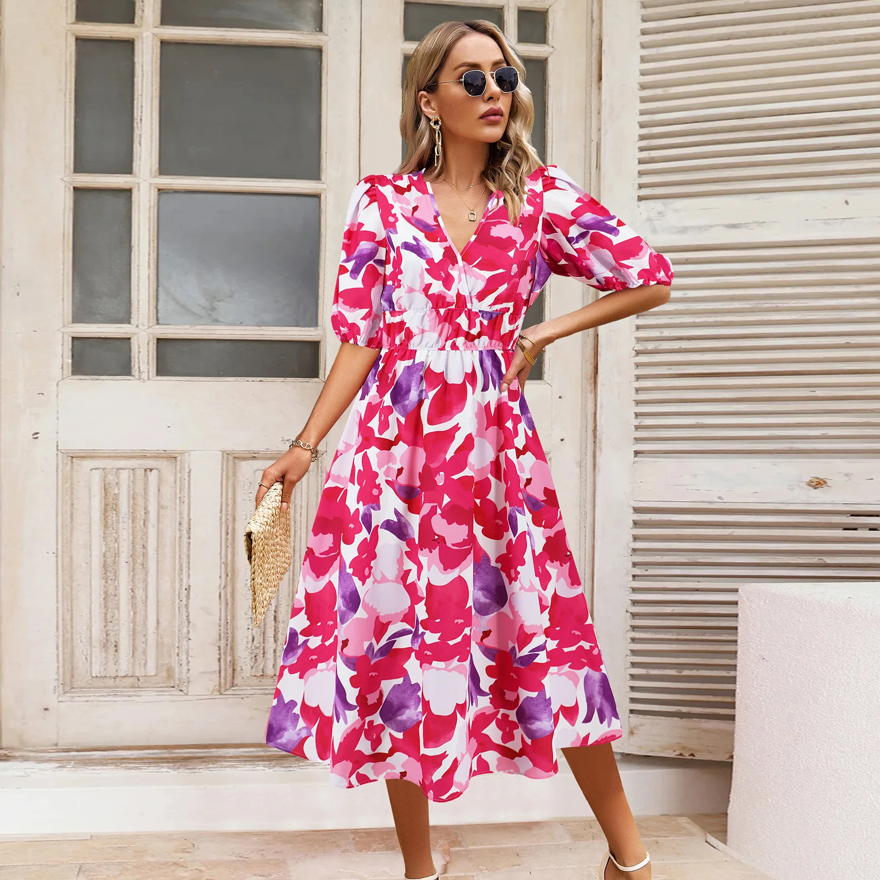 

2024 Women's New Regular V-neck Half-sleeved Waist Bohemian Print And Calf Dress Seaside Vacation Casual Mid-length Dress