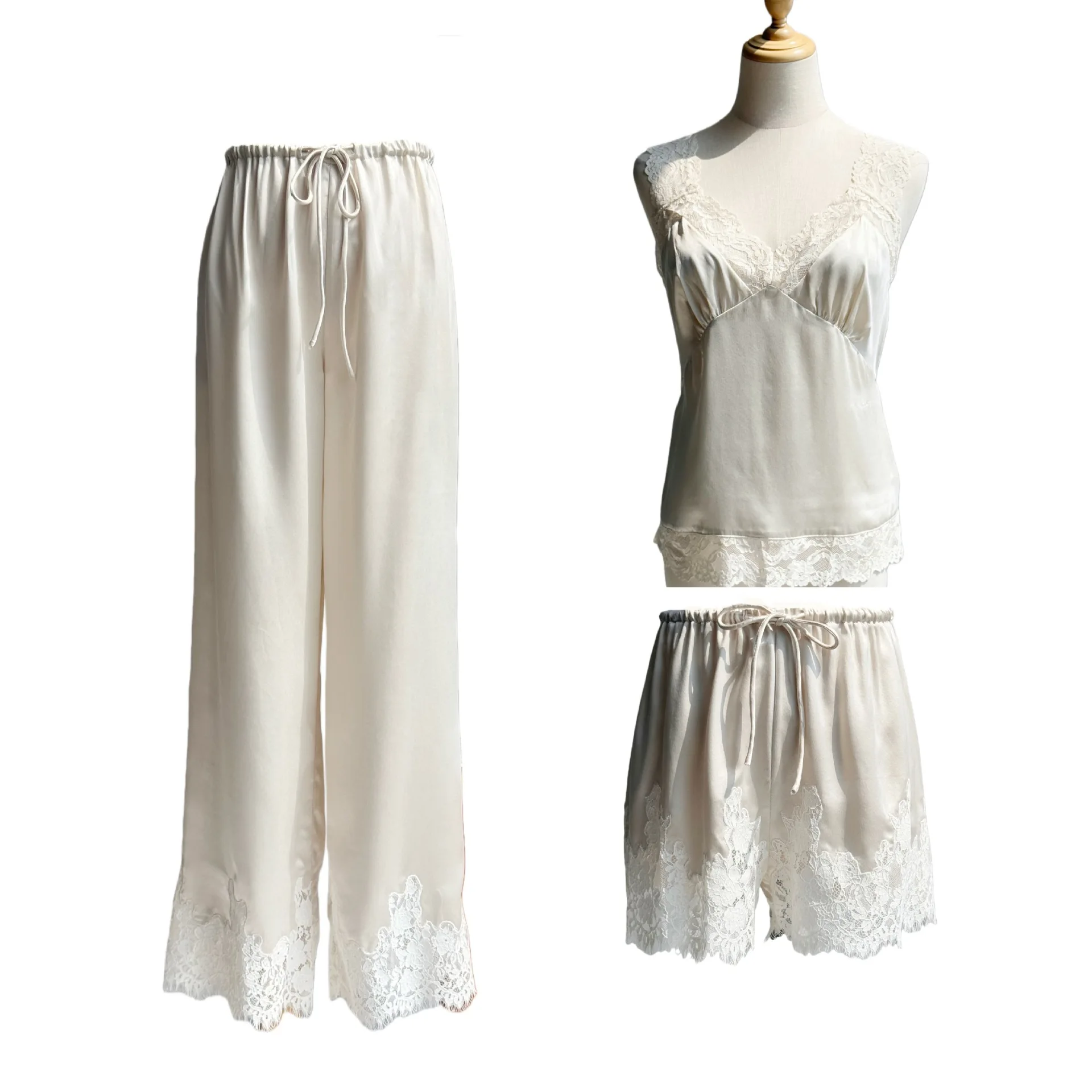 Women 100% Mulberry Silk Camisole Set Pajamas French Lace Cami Top Back Tie Long Pants 19MM Sand Washed Satin Luxury Loungewear