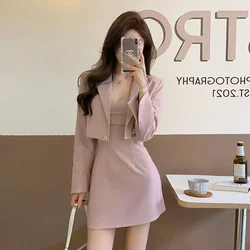 Sexy Mini Outfit Two Piece Set for Women 2024 Womens Short 2 Sets Pink Suit with Skirt and Blazer Long Sleeve Summer Jacket Hot