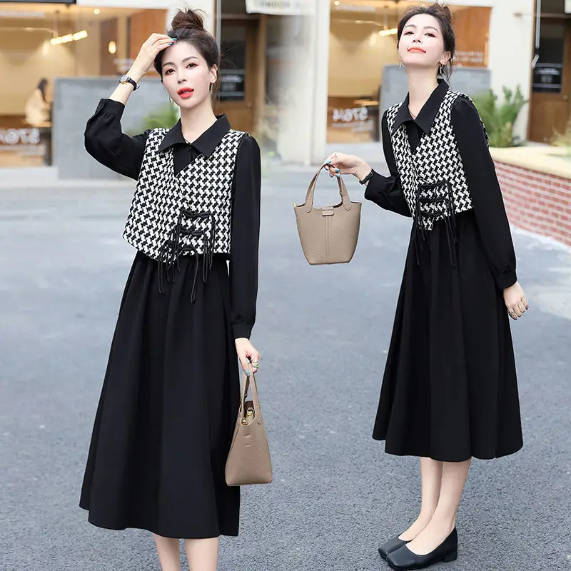 

2023 Spring Autumn New Fashion Temperament Vest Top+Shirt Collar Dress Two Piece Set Women's Korean Elegant Vintage Skirt Suit