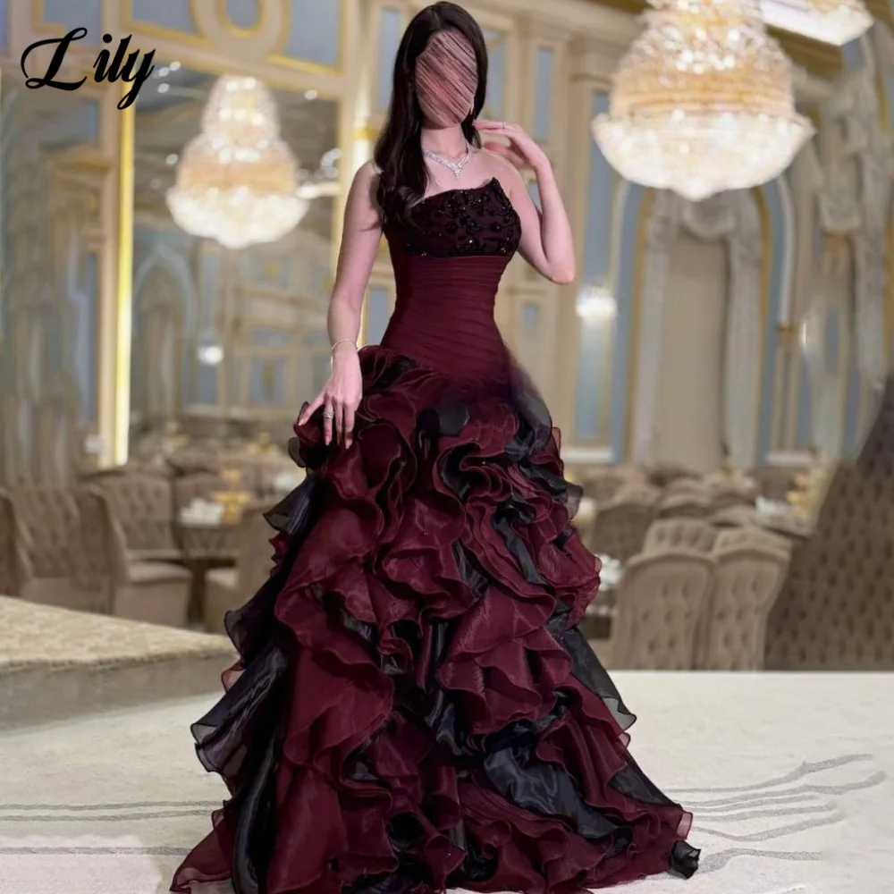

Lily Burgundy Party Dress Strapless Lace Tiered Tulle Evening Dresses with Pleats and Ruffled Sleeveless Prom Gown Customized