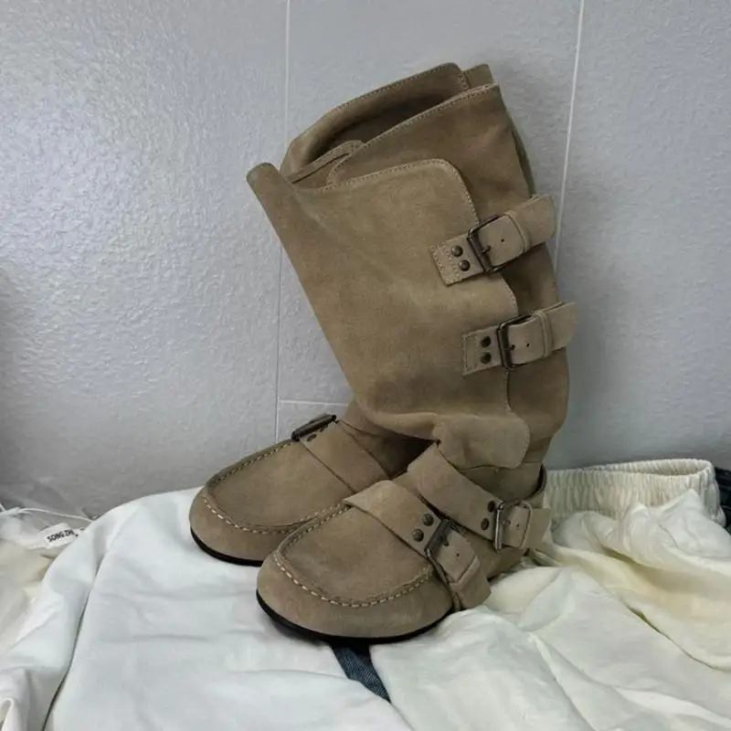 

Brand Retro Women's Suede Long Boots With Studded Buckle Design Western Ankle Boots Fashionable High-top Women' Knight Boots Hot