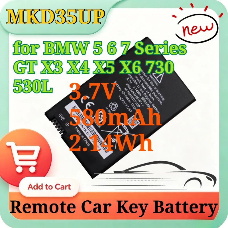 MKD35UP 3.7V 580mAh 2.14Wh Li-Polymer Replacement Key Fob Battery for BMW 5 6 7 Series GT X3 X4 X5 X6 730 530L Remote Car Key