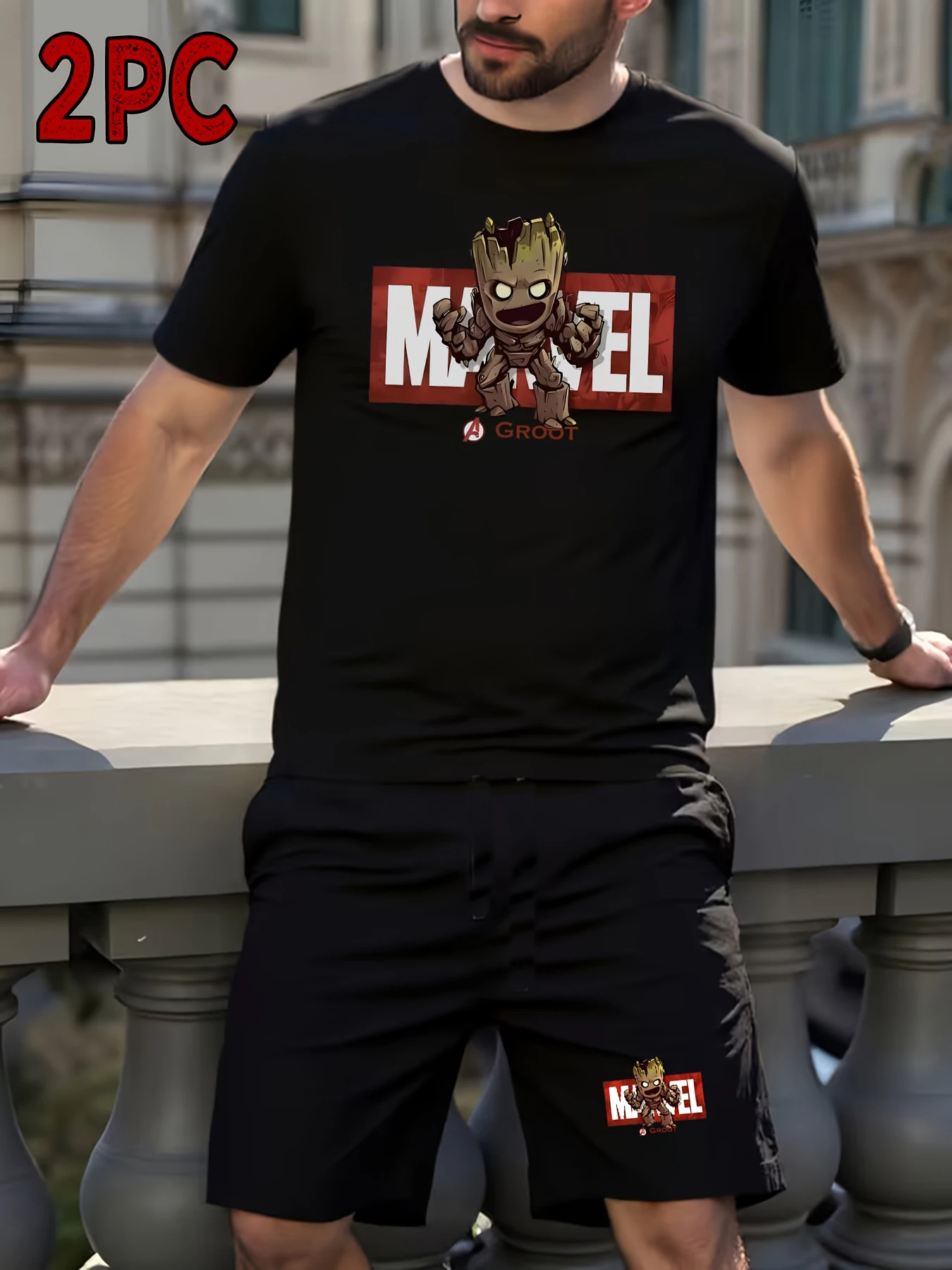 

Cartoon Groot Print Men Spring and Summer Two Pieces Set Casual Round Neck Short Sleeve T-shirt Shorts Sport Suit Print Clothing
