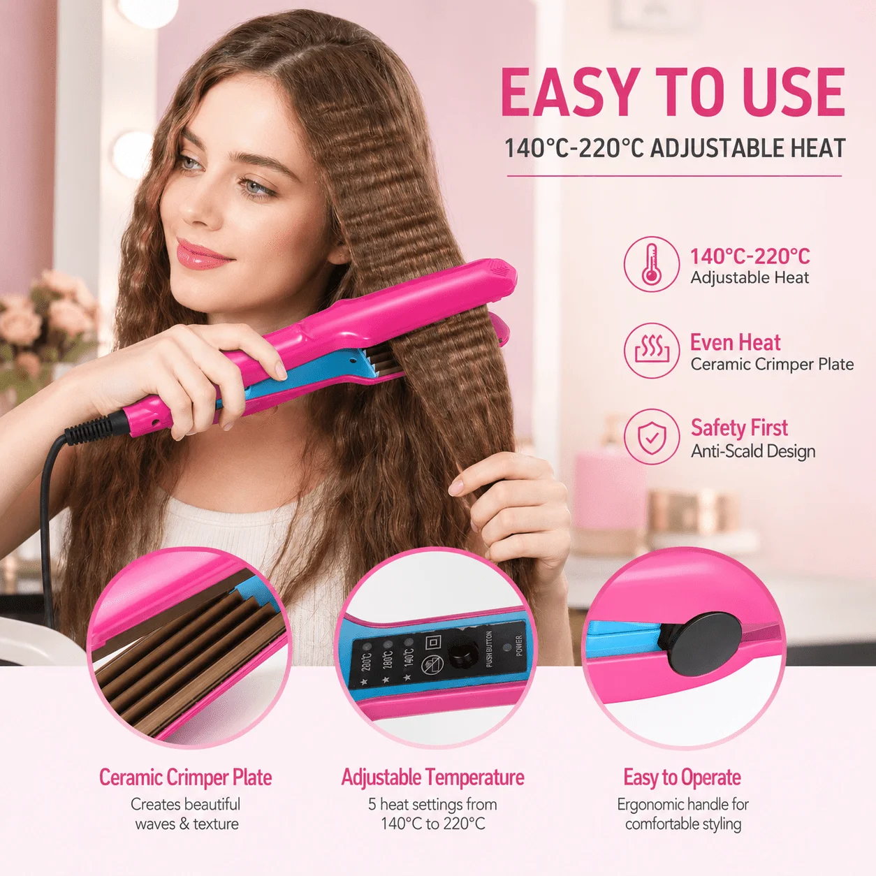 Hair Crimper Crimping Iron for Women Root Volumizer, Titanium Ceramic Plates Root Volume & Texture Hair Styling Tool