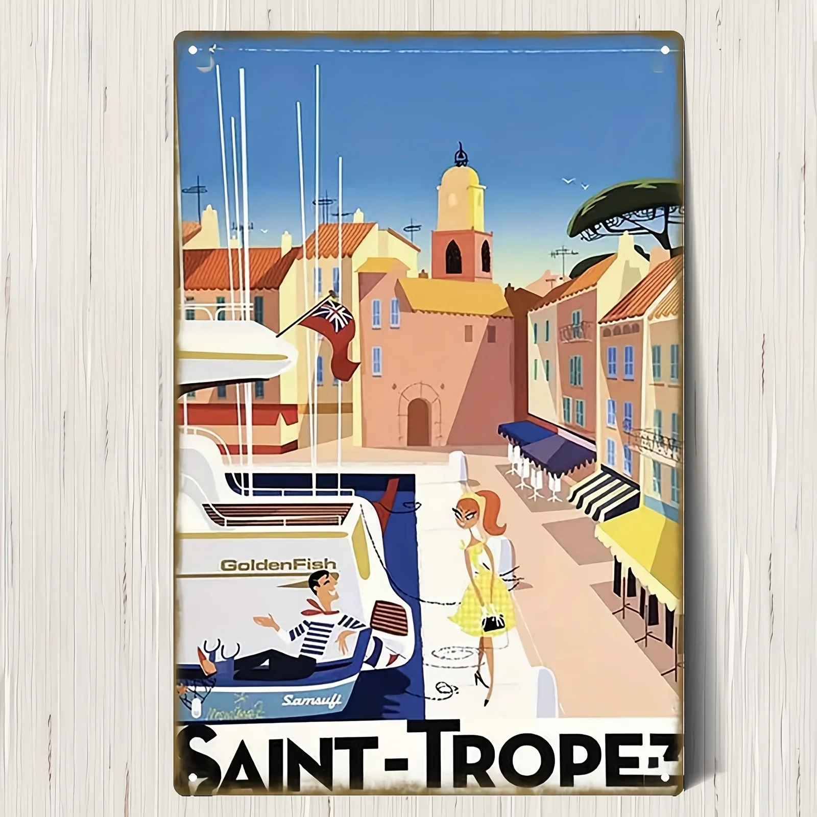 Arte de pared de metal plano 2D, 1 pieza, Saint-Tropez, Riviera Francesa, decoración costera francesa vintage, adecuado para el hogar, cafetería, bar | L