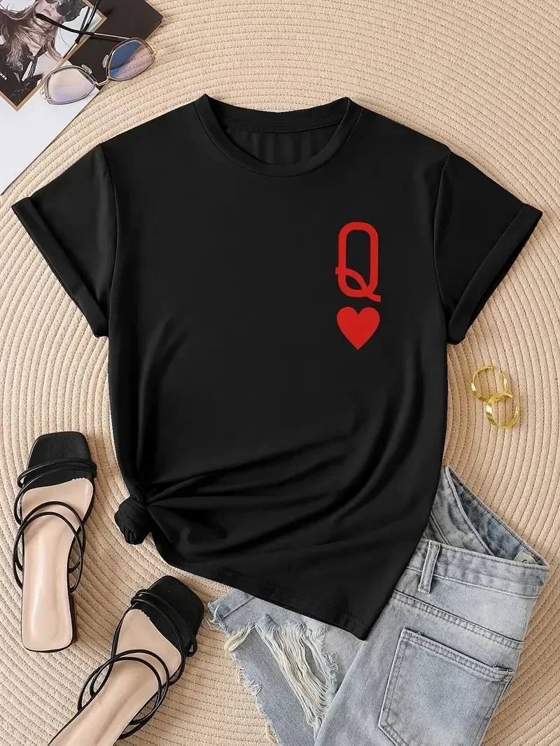 2024 Q & Heart Print Crew Neck T-Shirt, Casual Short Sleeve Top For Spring & Summer, Women's Clothing Cotton  shirts for women