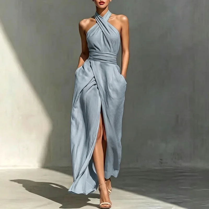 Women Sexy Off Shoulder High Waist Long Dress Spring Criss Cross Halter Hollow Boho Dress Summer Sleeveless Vacation Beach Dress - Image 6