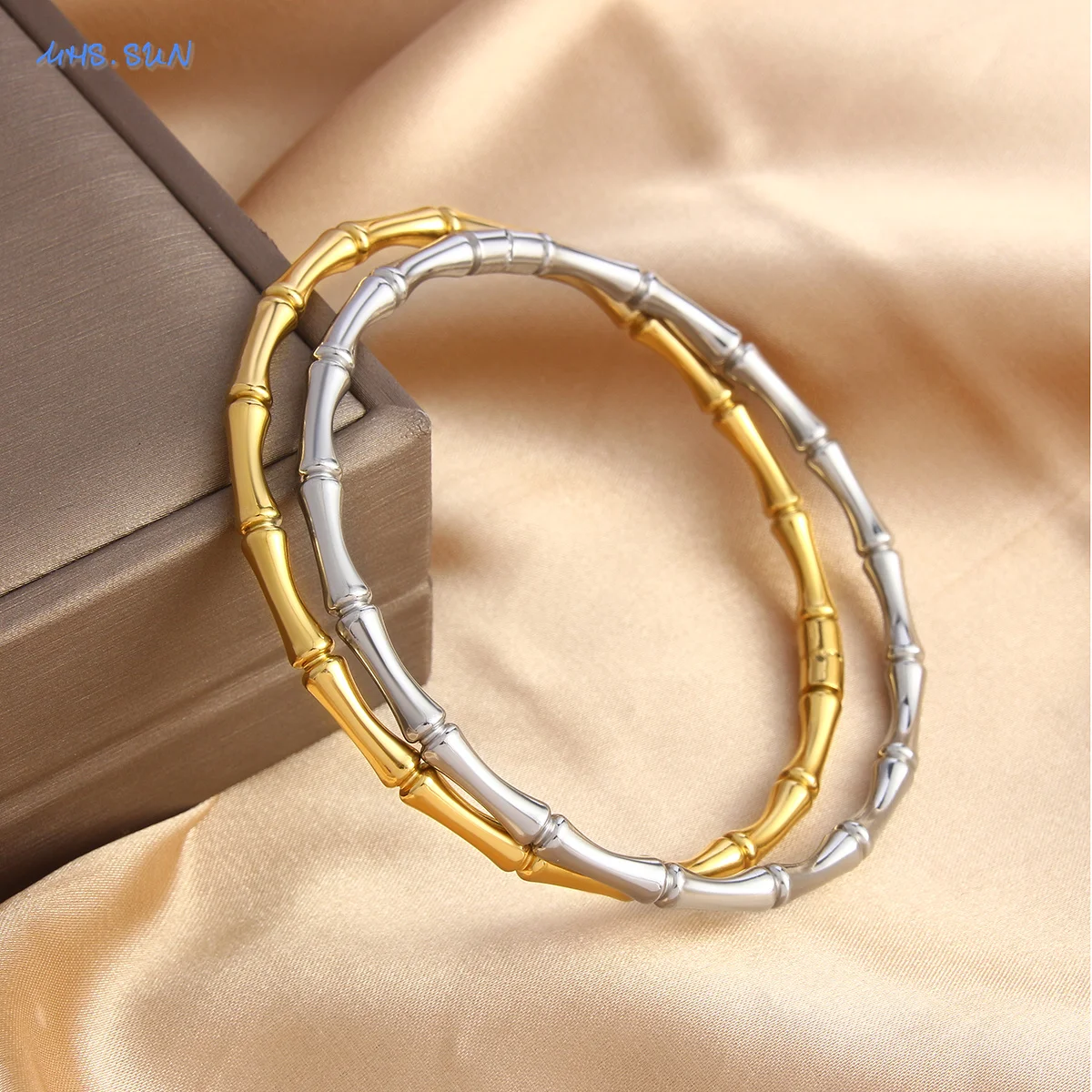 MHS.SUN Fashion bracciale in bambù in acciaio inossidabile Color oro argento impermeabile per donna uomo bracciale con polsino quotidiano gioielli