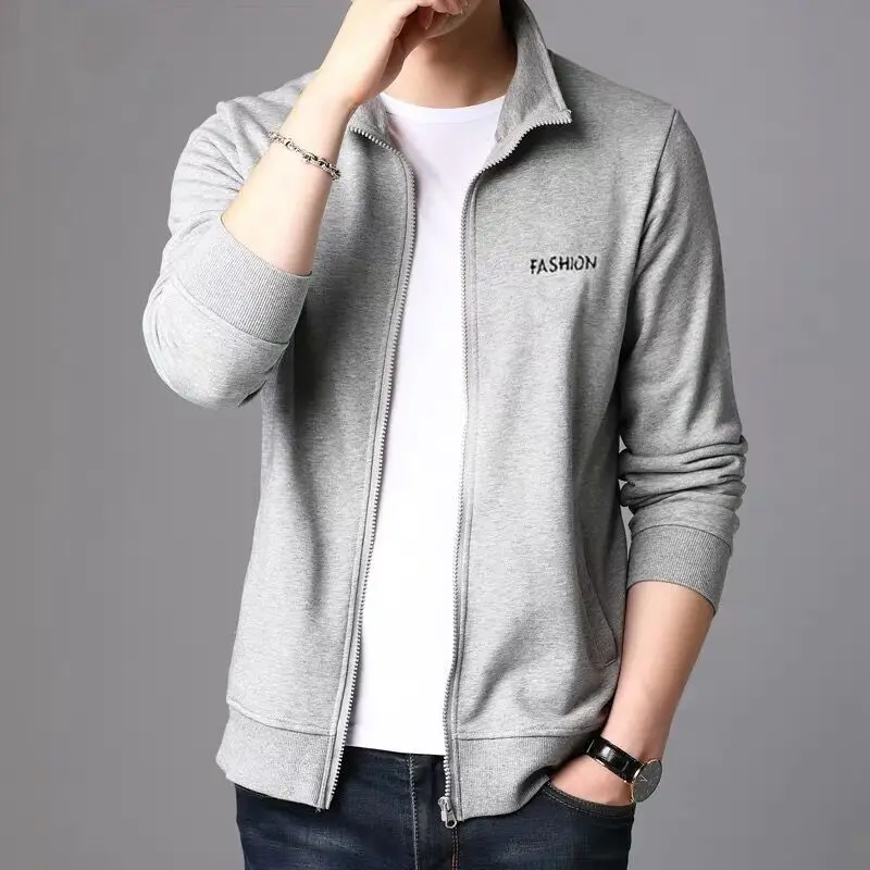 Casual Autumn and Winter Men's Standing Neck New Spliced Zipper Letter Pocket Fashion Solid Color Commuter Long Sleeved Coat