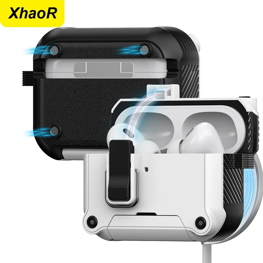 Magnetischer Automatik-Schalter Kopfhörerhülle für Airpods Pro 3 2 4, Vollschutz, stoßfest, mit Haken und Telefonhalterung.