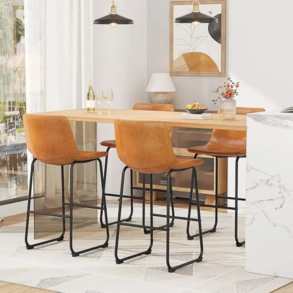 Ergonomic Leather Barstools Set of 4 Metal Legs 30