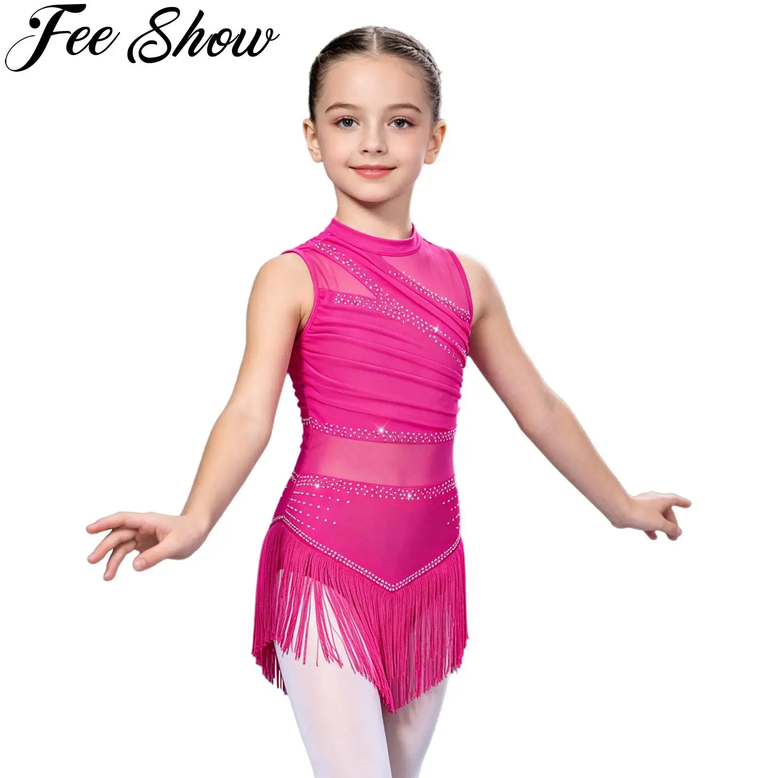 Kids Girls Tassels Latin Dance Dress Ballroom Chacha Tango Performance Costume Sleeveless Mesh Shiny Rhinestones Fringed Leotard