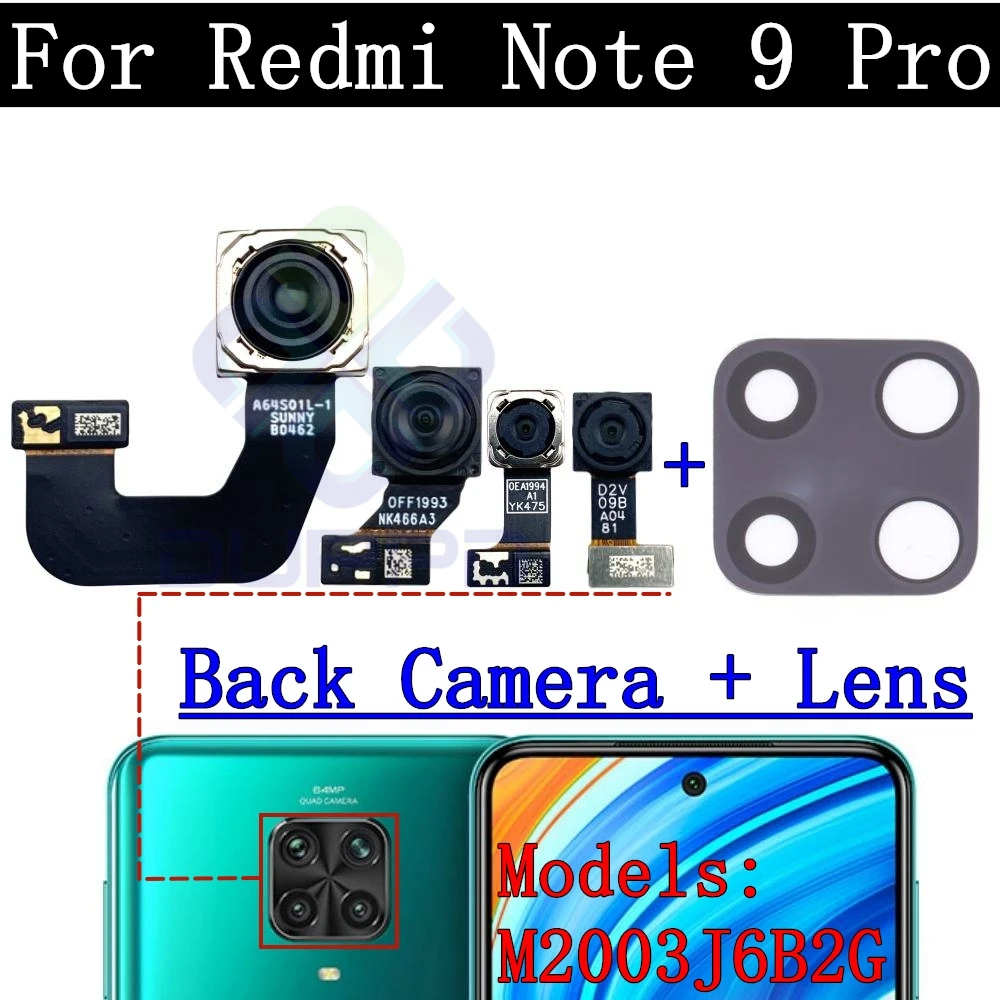 Lente de câmera frontal e traseira para Xiaomi Redmi Note 9 Pro, Módulo de câmera frontal pequeno, Peças sobressalentes Selfie, M2003J6B2G