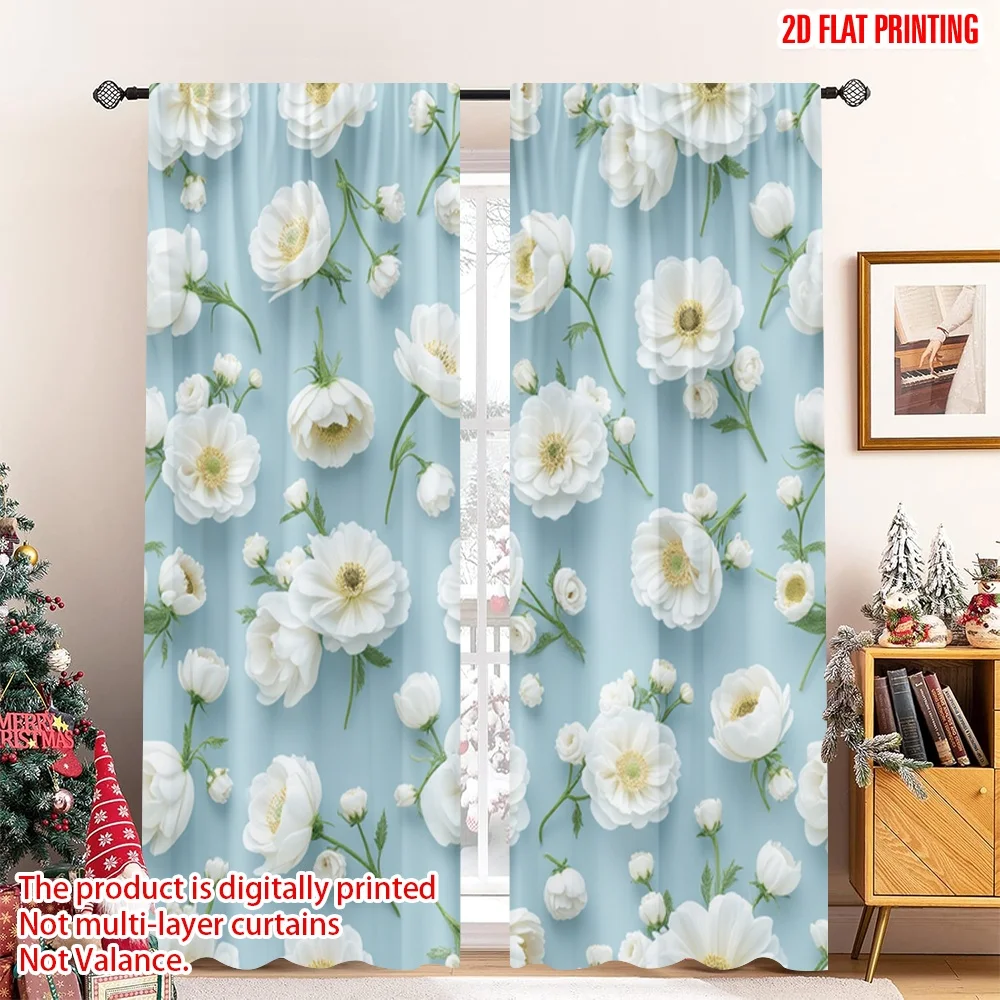 2pcs 2D flat printing Scene Curtains Soft Teal Floral Digital Printed Polyester Drapes Party Decorations Use for Photo Booths &